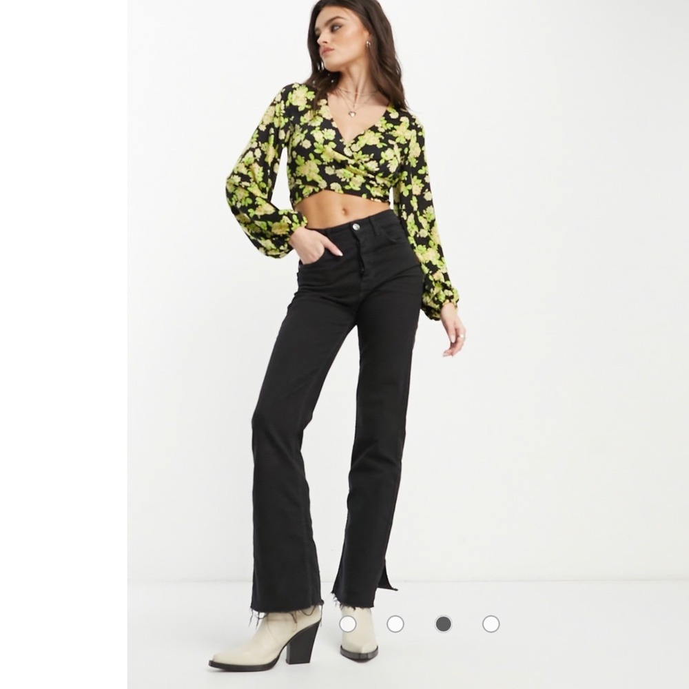 MNG Mango Floral Crop Top Black Lime Green Balloon Sleeve Cottagecore Fairy Boho - Picture 15 of 15